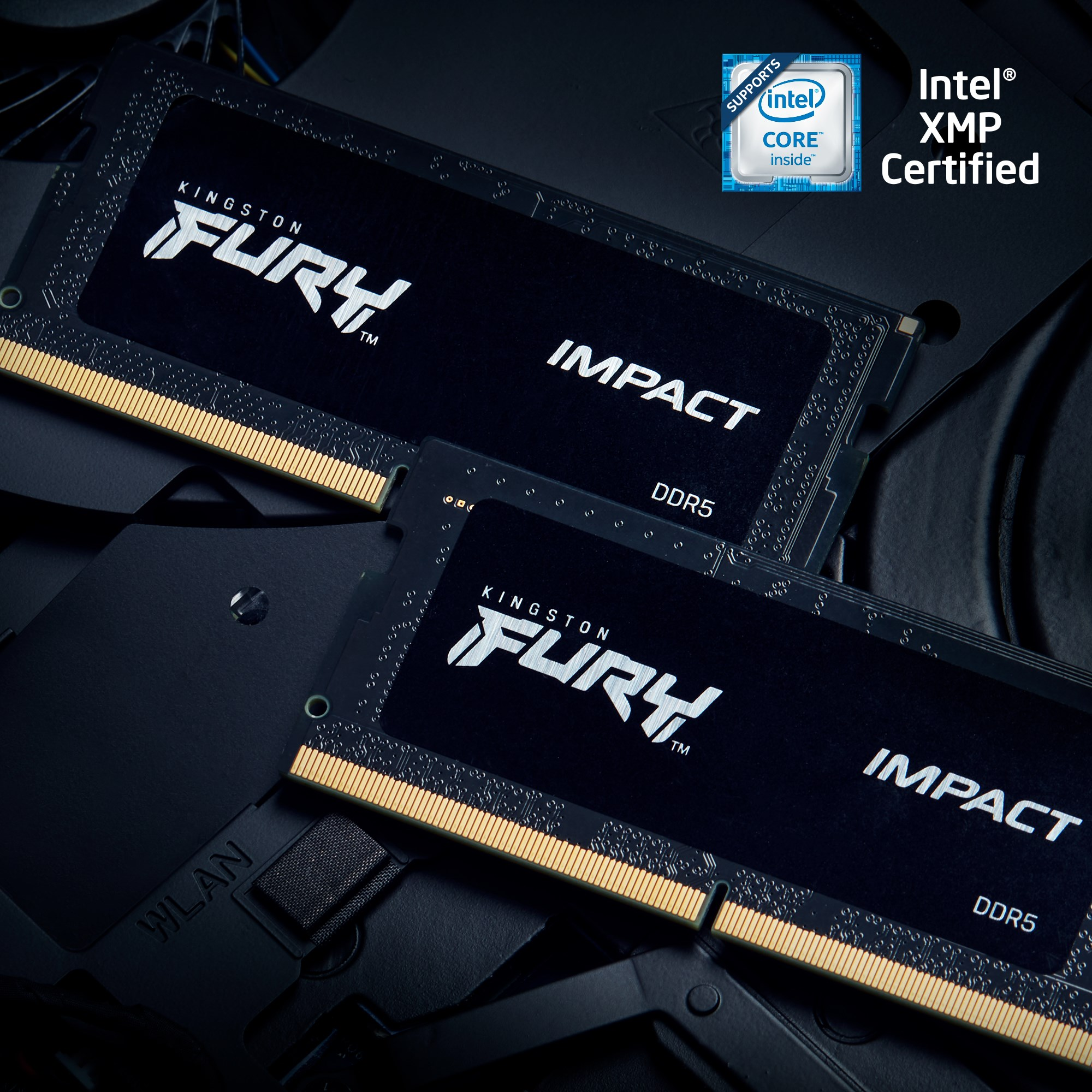 Due stick di RAM DDR5 Kingston Fury Impact neri con certificazione Intel XMP su sfondo scuro.