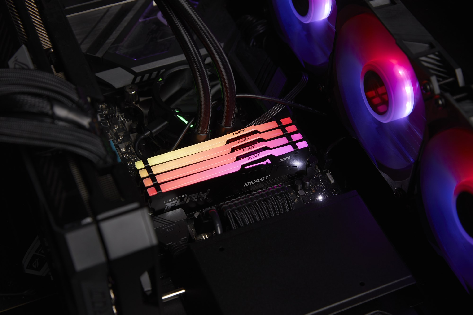 Blick ins PC-Gehäuse auf Kingston Fury DDR5 RAM-Sticks mit bunten RGB-Lichtern.