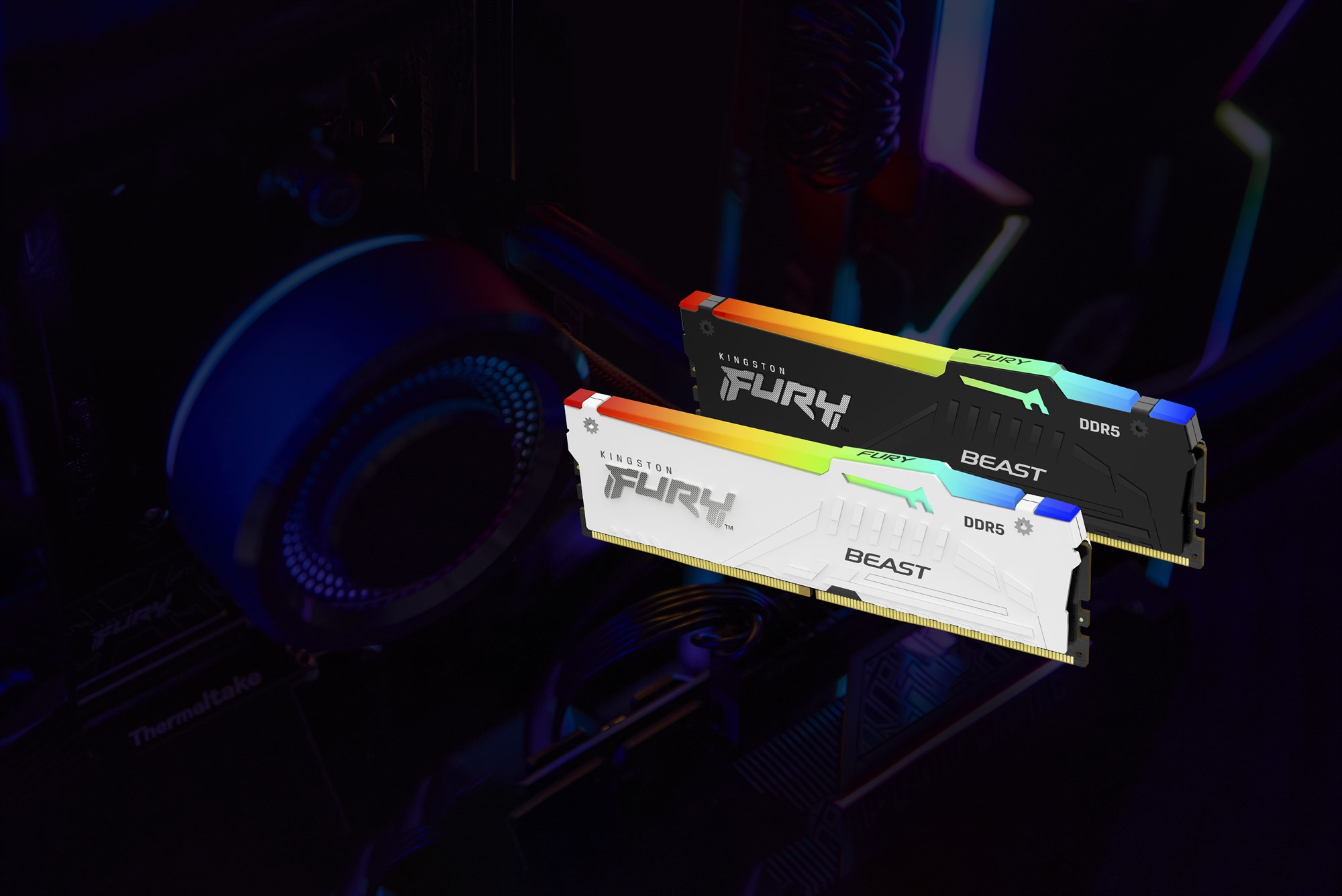 Zwei Kingston Fury Beast DDR5 RAM-Sticks in Schwarz und Weiß mit RGB-Beleuchtung im PC.