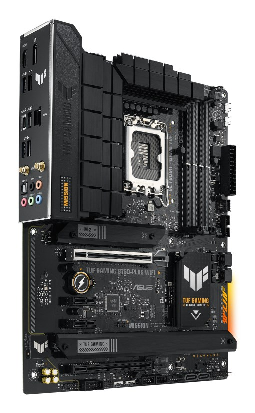 Black Asus TUF Gaming B760-Plus WiFi motherboard with heatsinks and integrated I/O shield.