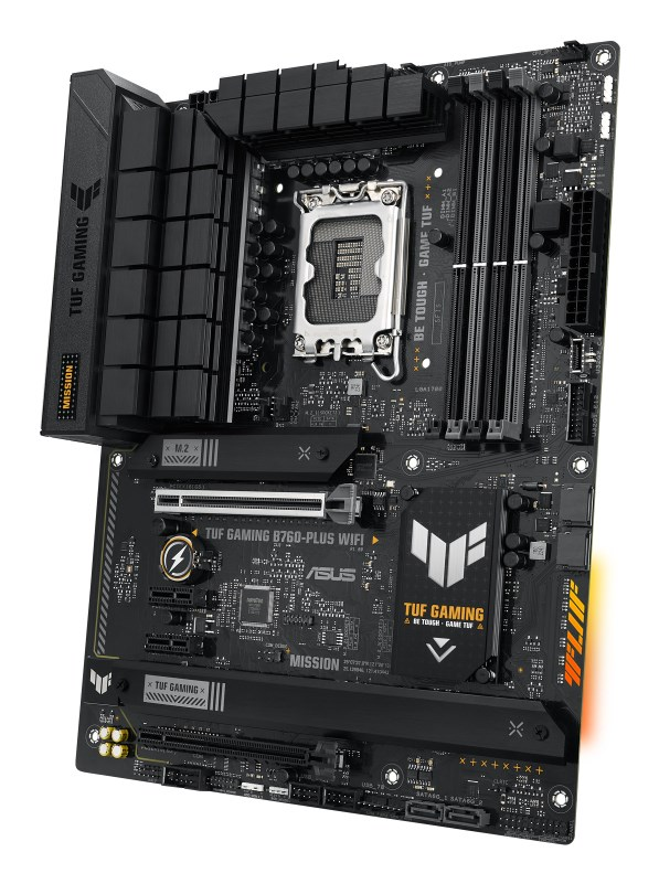 An ASUS TUF Gaming B760-PLUS WIFI motherboard on a black background, featuring black heatsinks and gold accents.