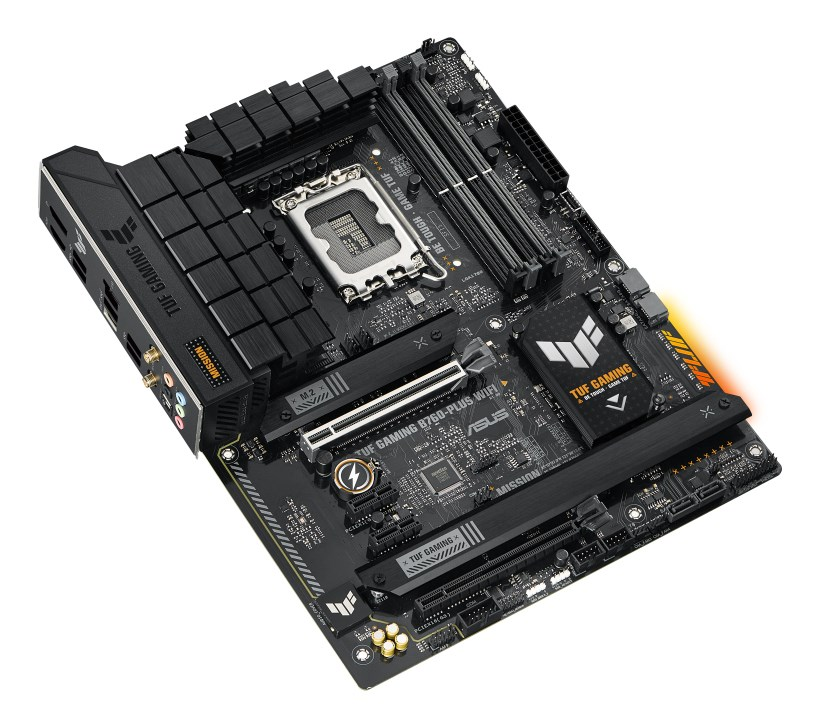 A black ASUS TUF Gaming B760-Plus WiFi motherboard with heat sinks, CPU socket, and PCIe slots on white background.