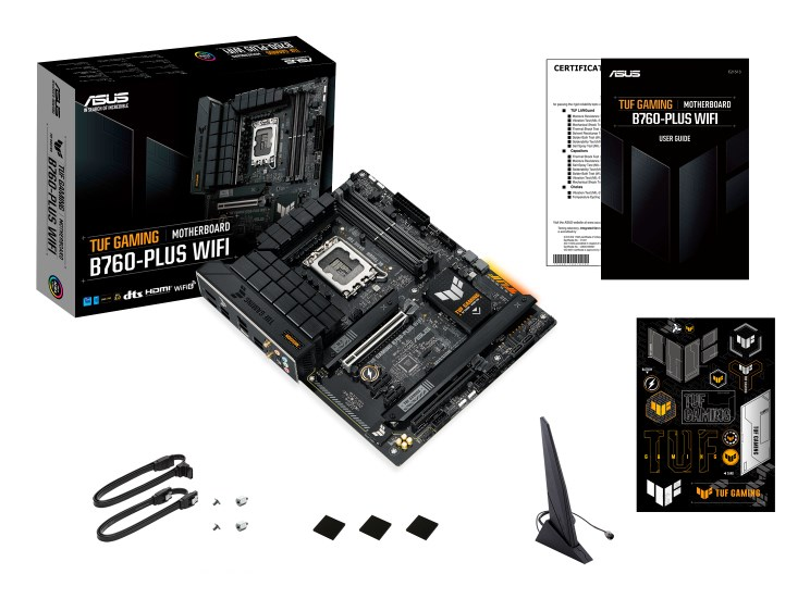 ASUS TUF Gaming B760-Plus WiFi motherboard with box, manual, cables, antenna, and stickers.