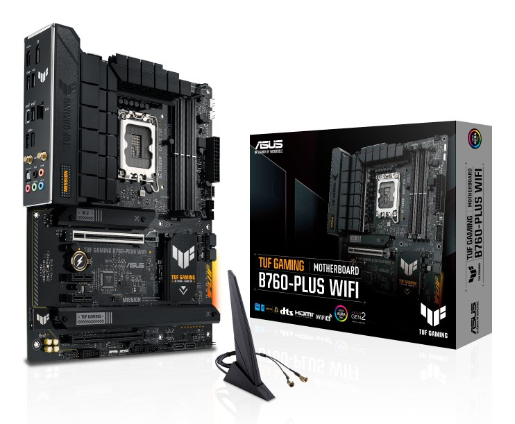 ASUS TUF Gaming B760-Plus WiFi motherboard with its product box and a Wi-Fi antenna.