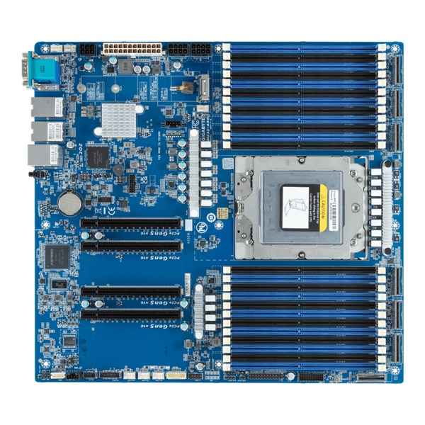 Niebieska płyta główna serwera z gniazdem CPU, slotami RAM i PCIe na białym tle.