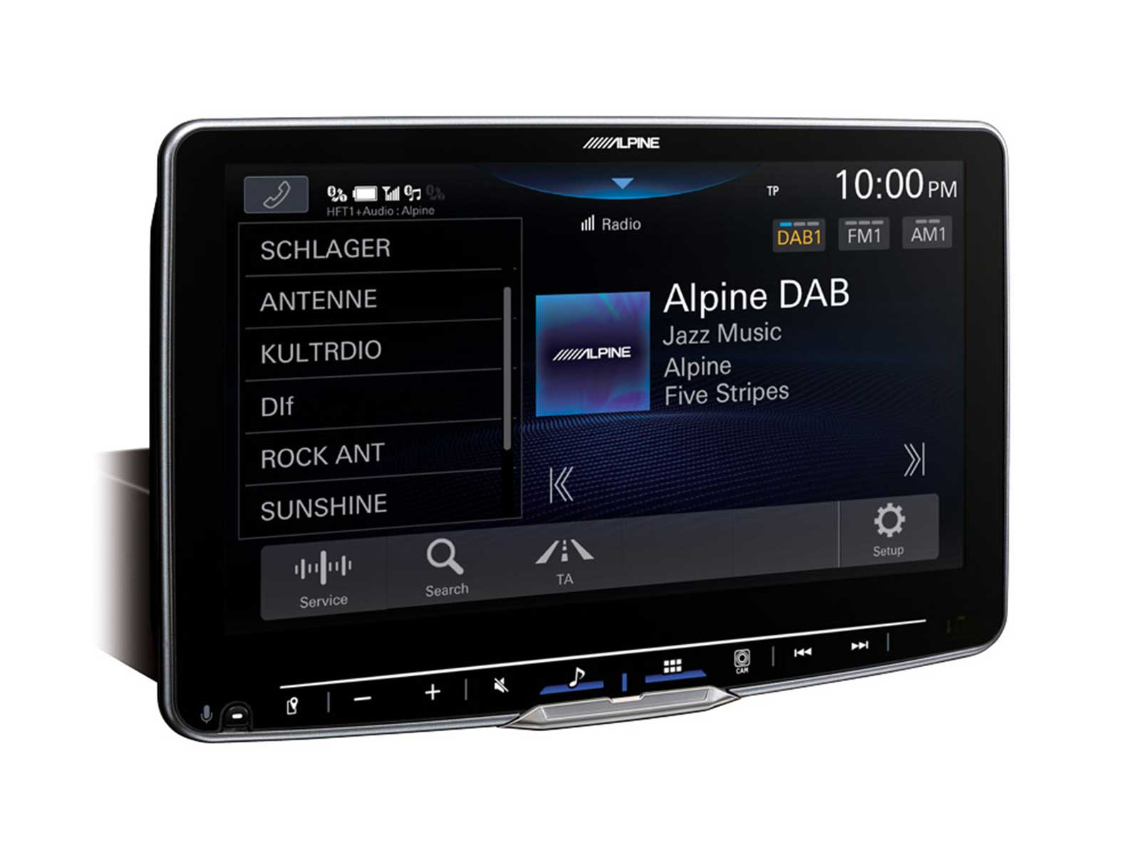 Alpine-Autoradio-Touchscreen mit DAB-Radio-Menü, Senderlisten und Audiospurdetails.