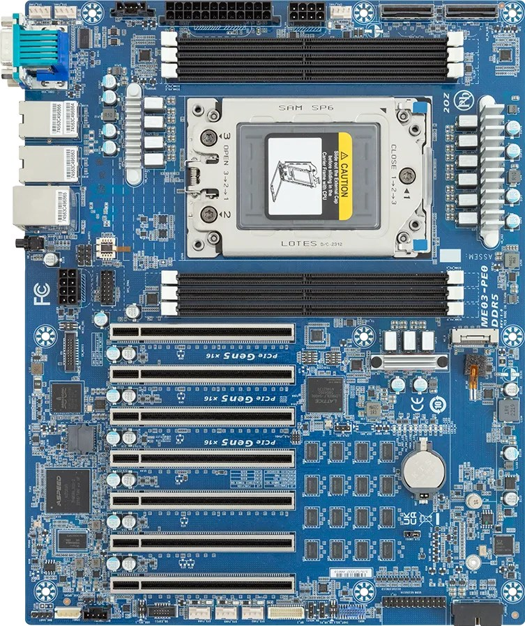 Una scheda madre per computer blu con più slot PCIe Gen 5, slot RAM e un socket CPU centrale.