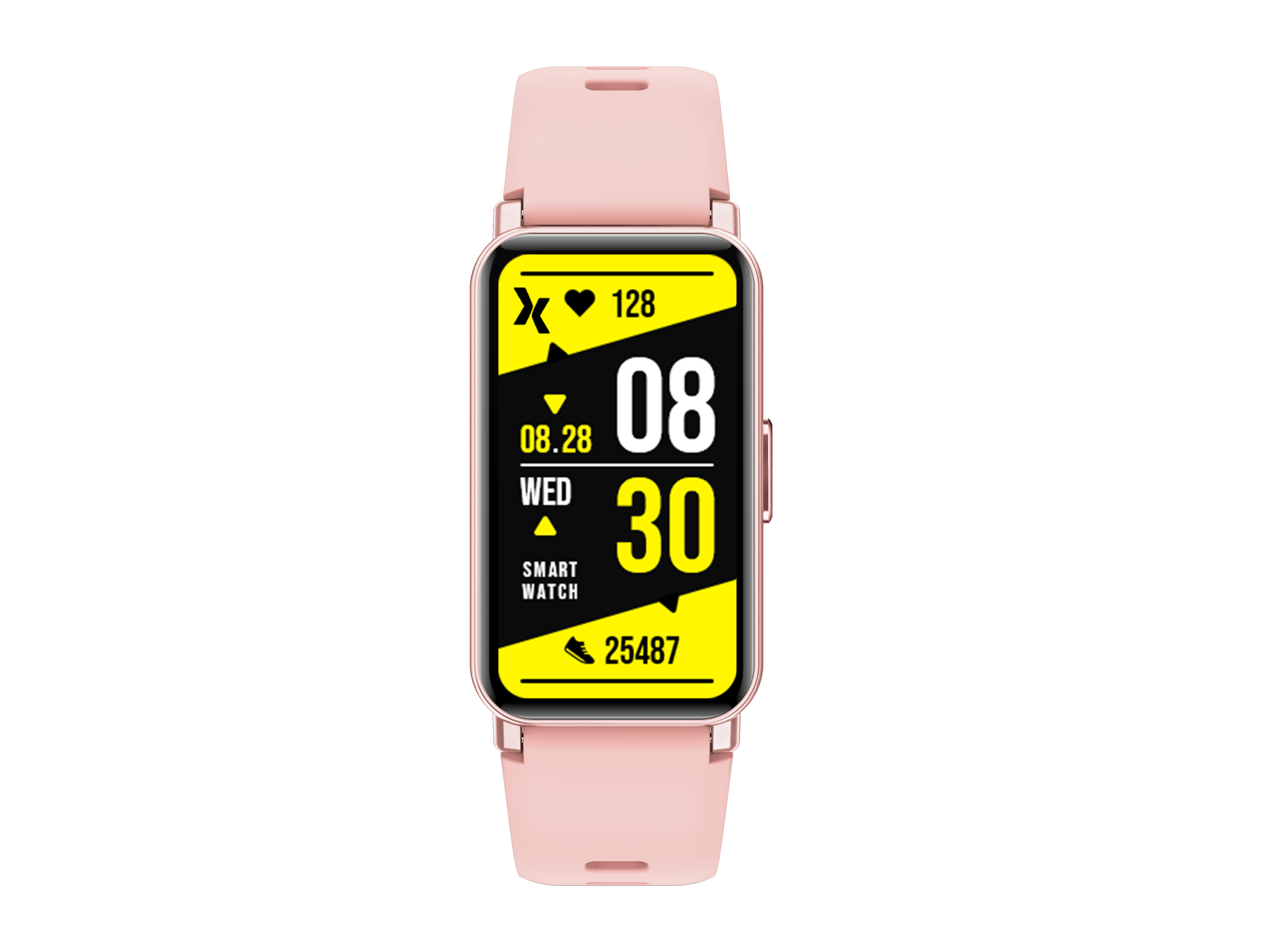 Rosa Smartwatch mit einem schwarz-gelben Display zeigt die Uhrzeit 08:30 Uhr und Gesundheitsdaten an.
