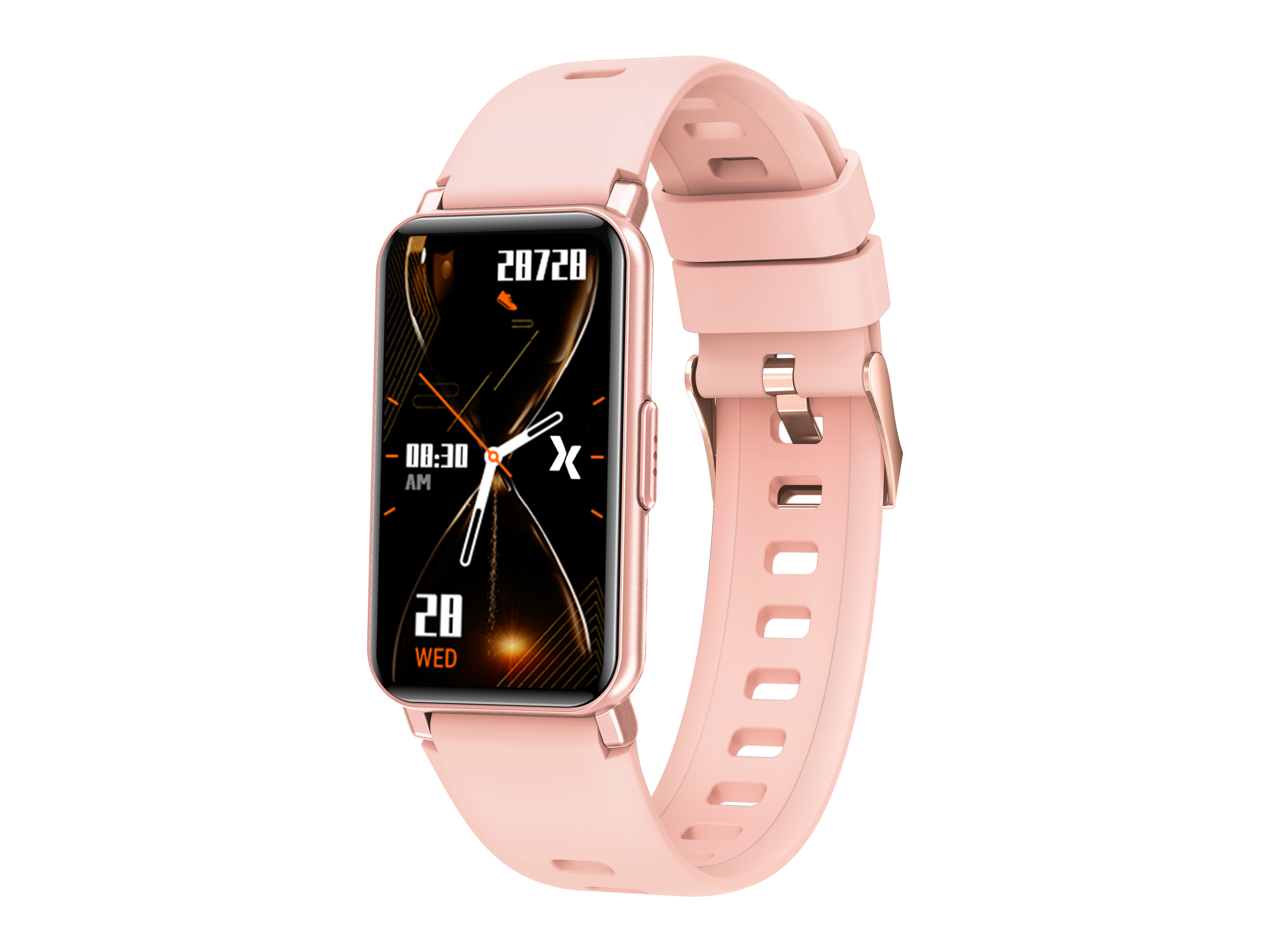 Rosa Smartwatch mit rechteckigem Display und passendem Silikonarmband vor schwarzem Hintergrund.