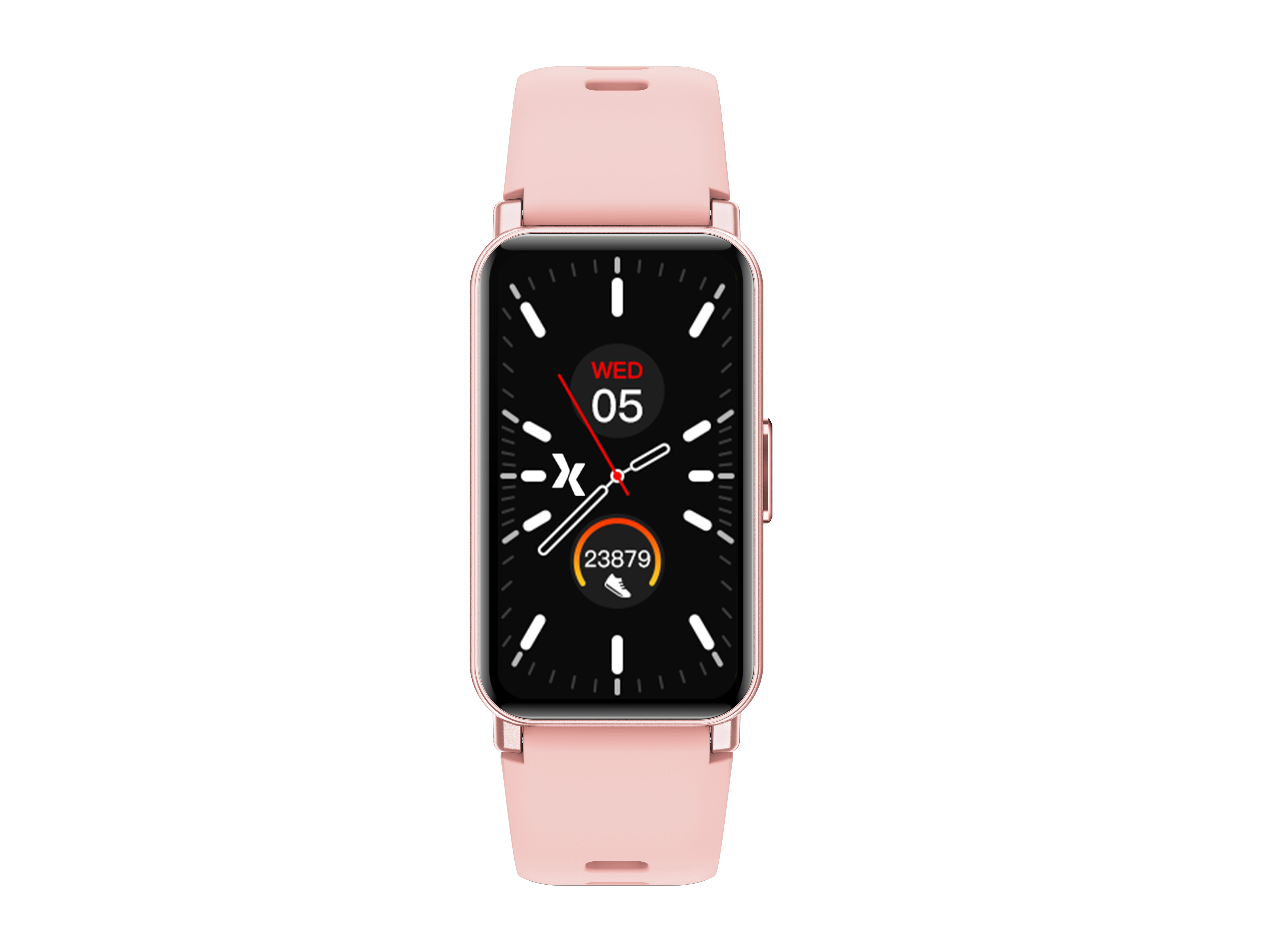 Rosa Smartwatch mit schwarzem Display, das Zeiger, Datum und Schrittzähler anzeigt, vor schwarzem Hintergrund.