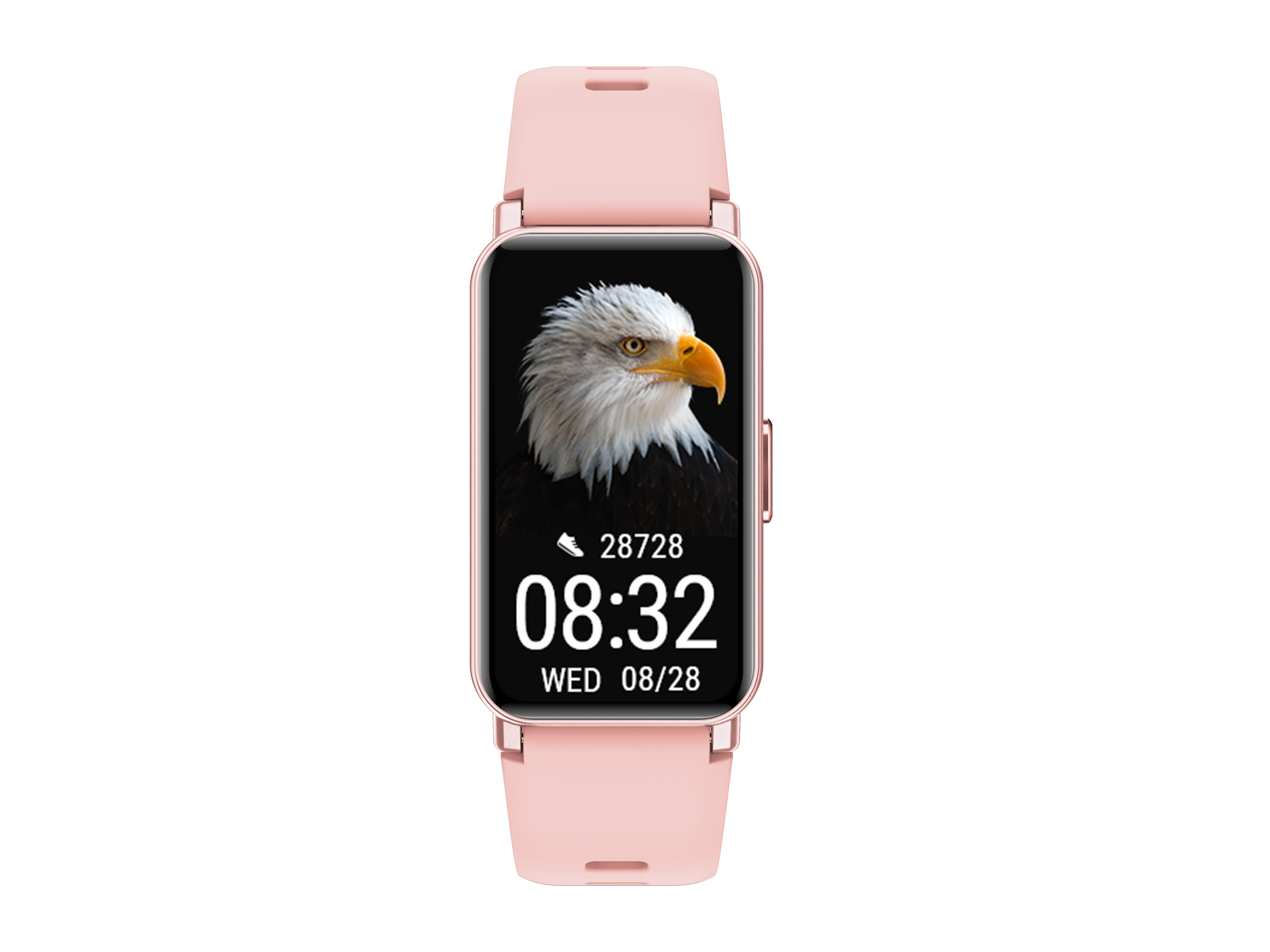 Rosa Smartwatch mit schwarzem Display, das einen Adler, die Uhrzeit, das Datum und Schritte zeigt.