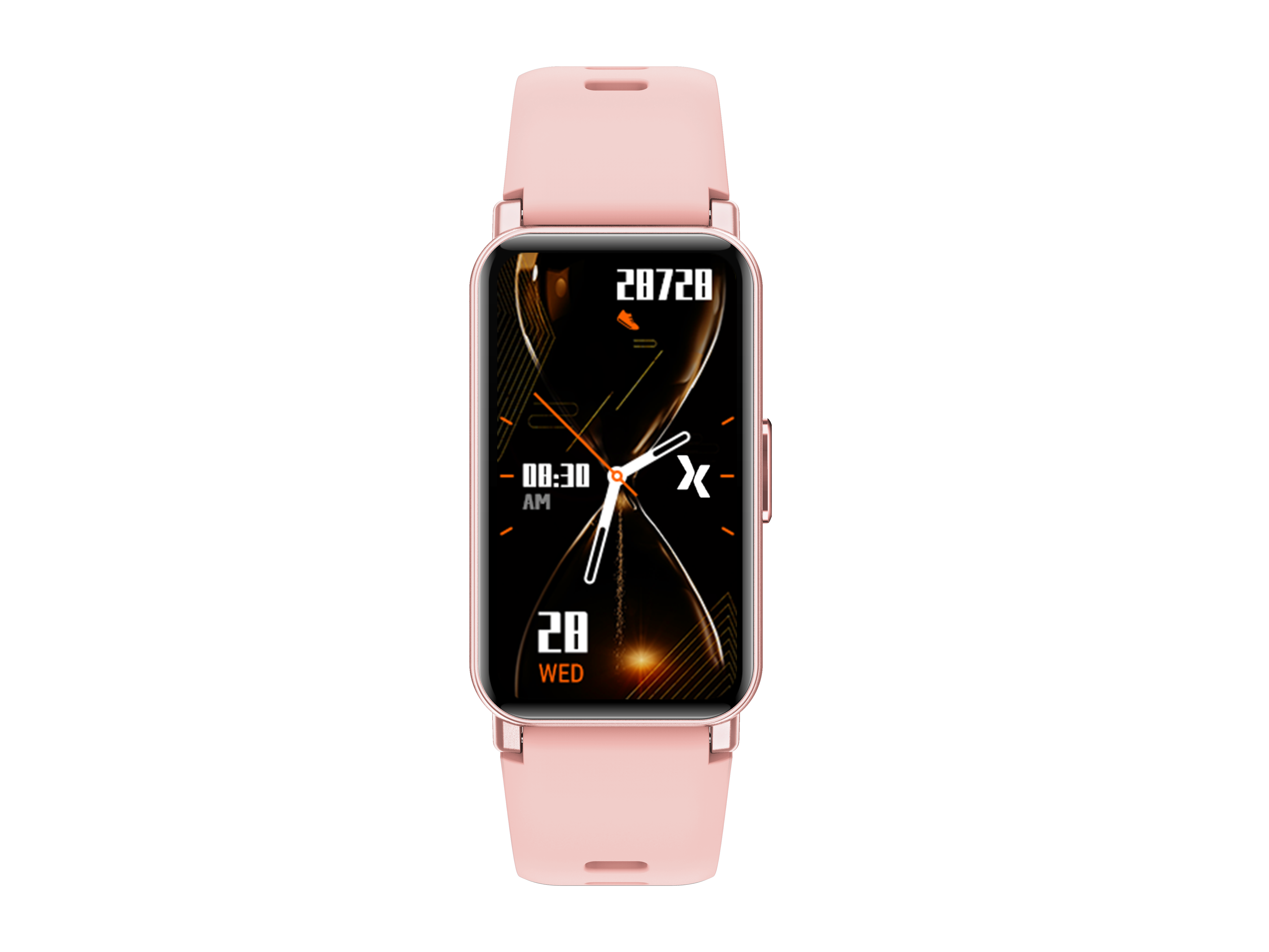 Rosa Smartwatch mit rechteckigem Display und Zeitanzeige auf schwarzem Hintergrund vor schwarzem Hintergrund.