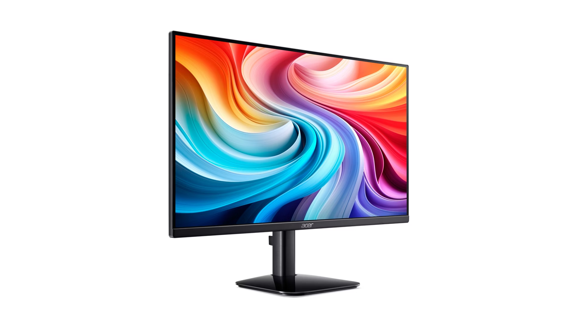 Monitor Acer nero con supporto elegante mostra un motivo a onde astratto e colorato.