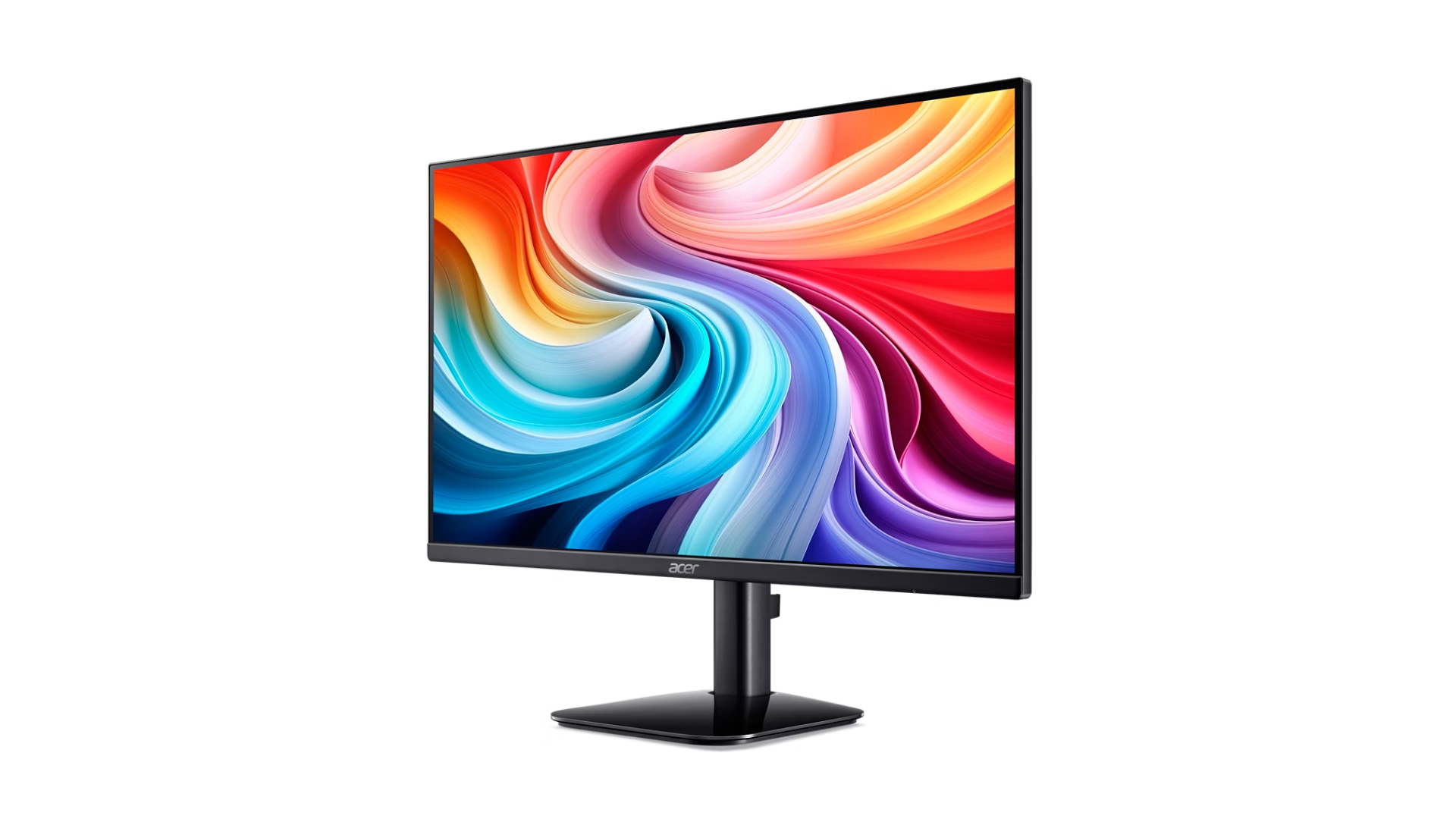 Un monitor Acer nero mostra un motivo a onde astratto e colorato.