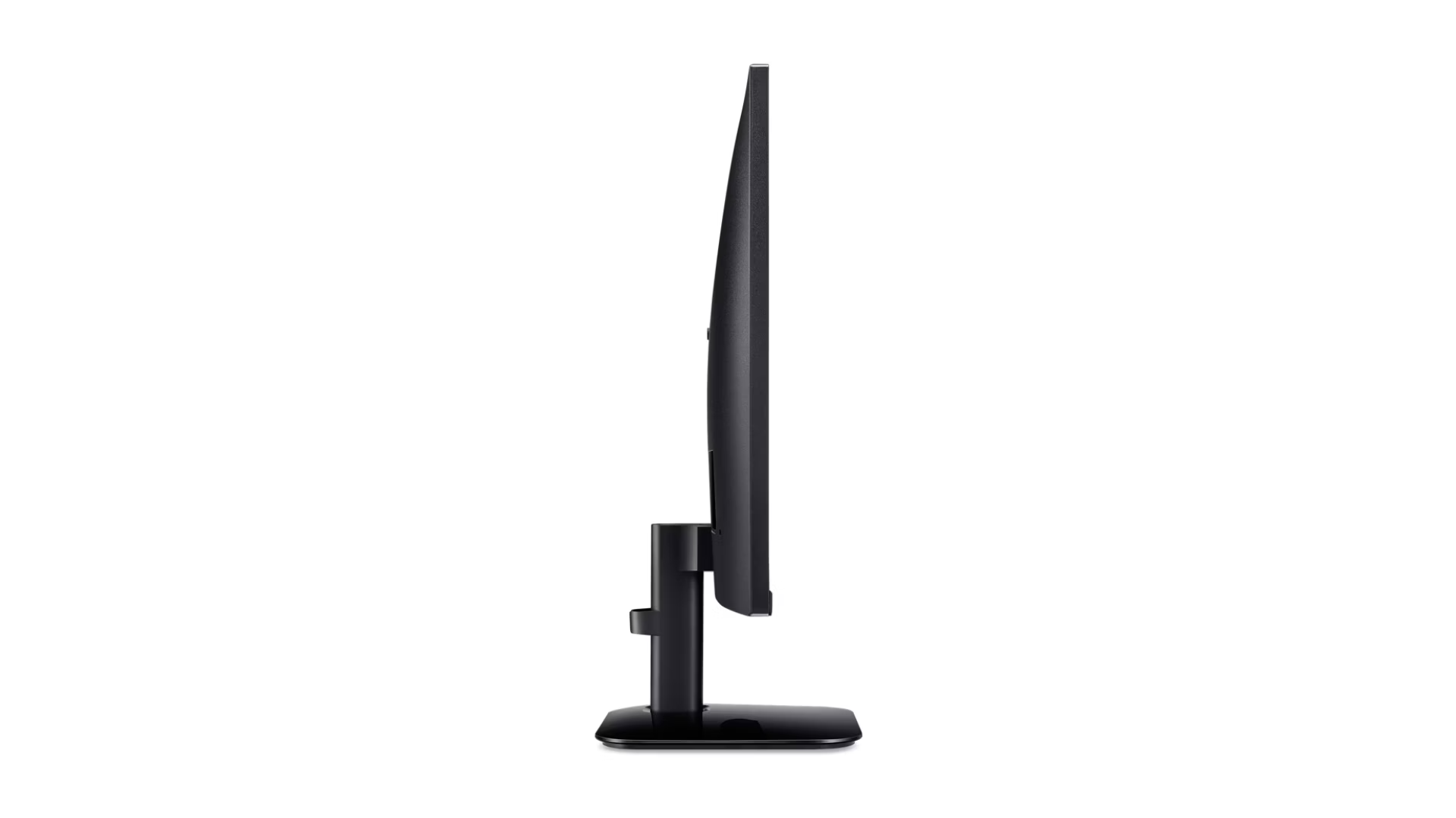 Vista laterale di un moderno monitor per computer nero con supporto sottile su sfondo bianco e nero.
