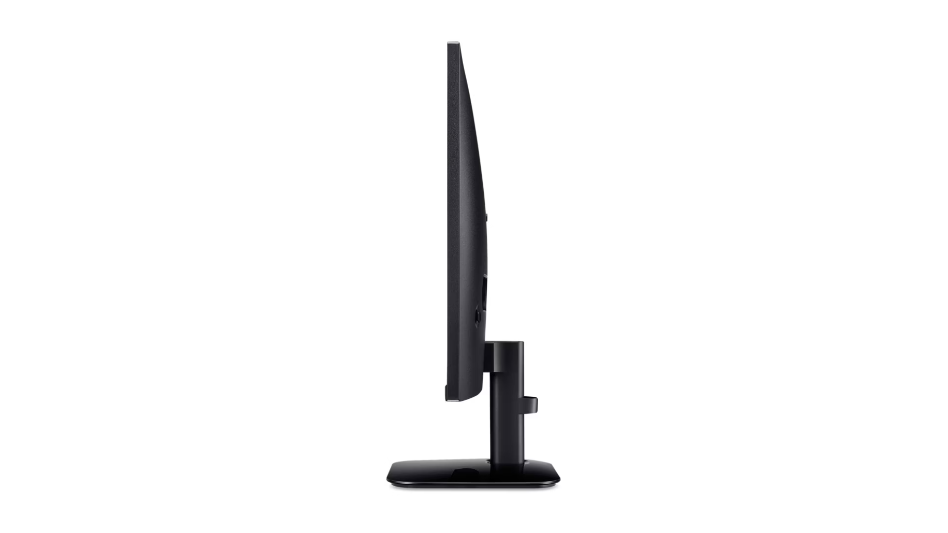 Vista laterale di un moderno monitor per computer nero con supporto su sfondo bianco.