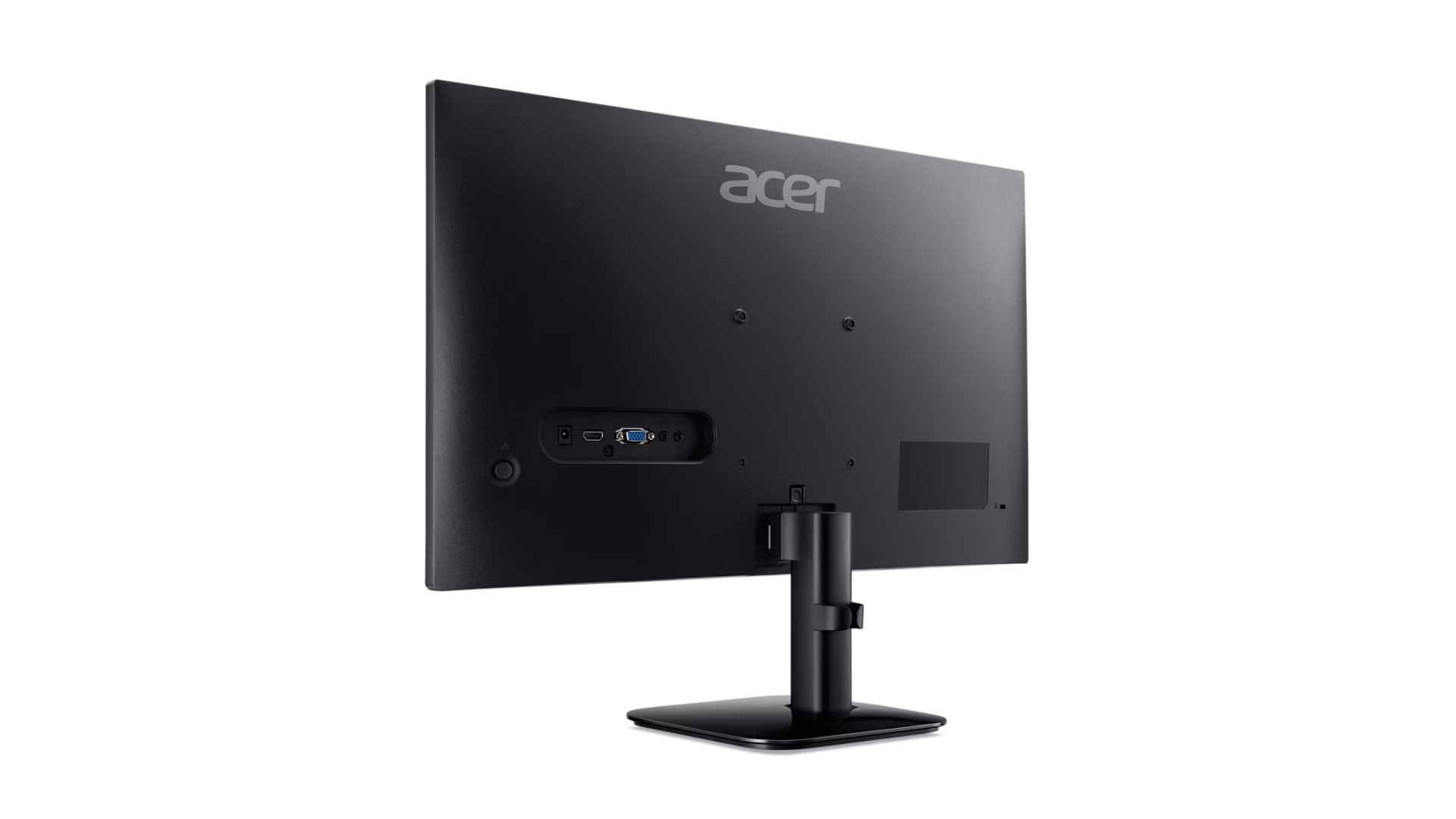 Il retro di un monitor nero Acer con supporto, porte e logo su sfondo bianco.