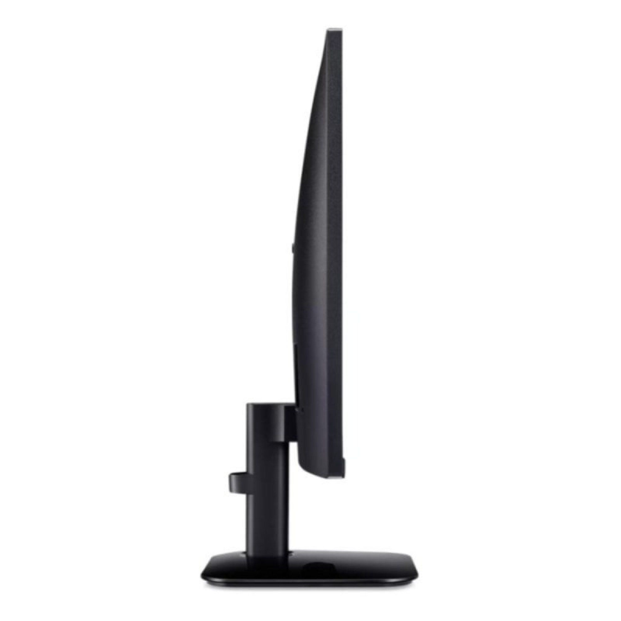 Vista laterale di un sottile monitor per computer nero su supporto con sfondo bianco.