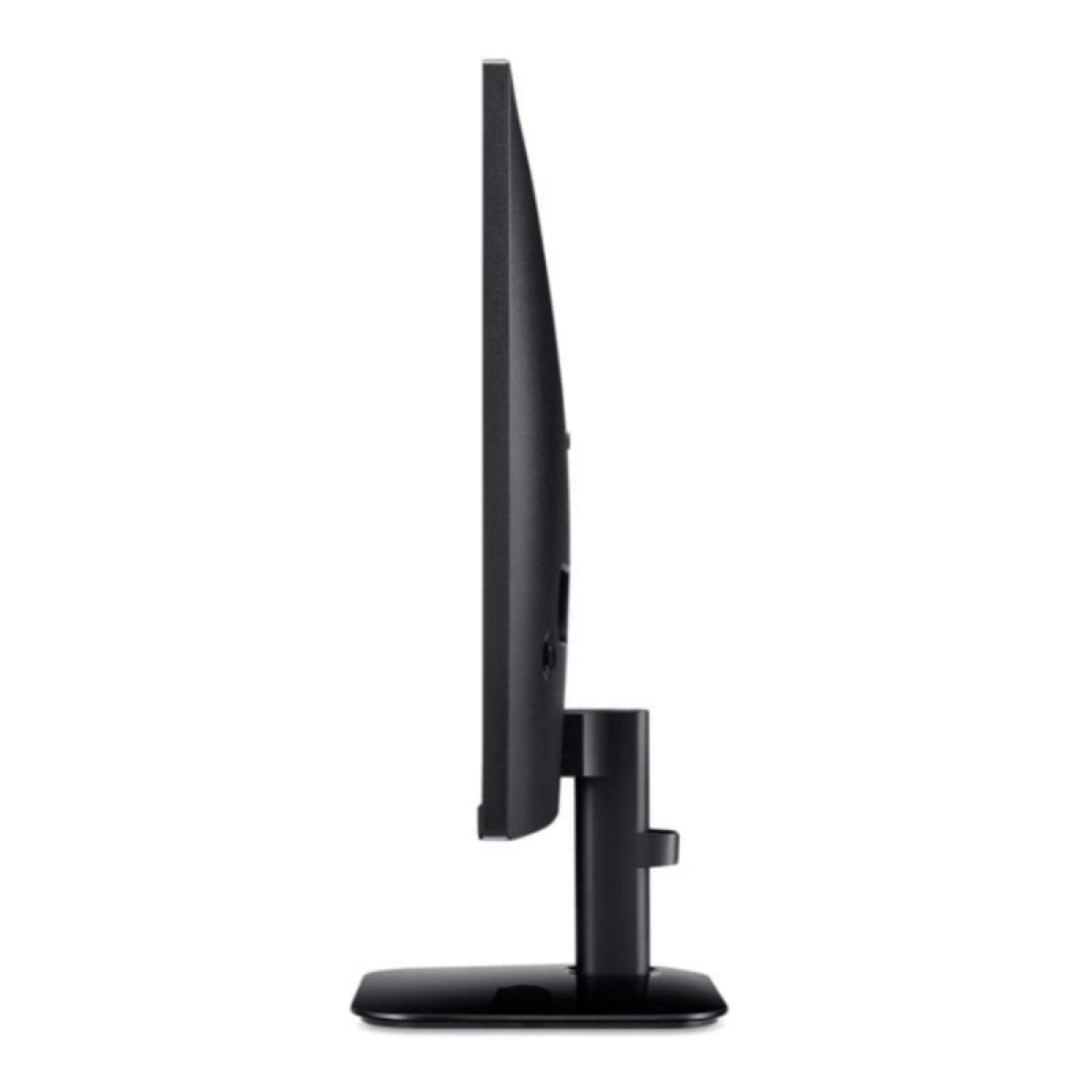 Vista laterale di un monitor per computer sottile e nero con una solida base su sfondo bianco.
