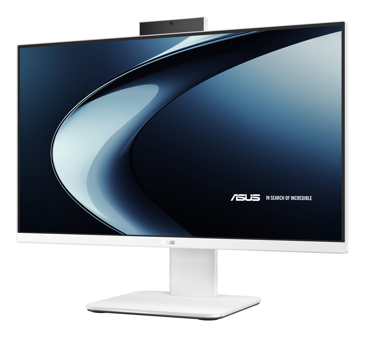 Un monitor Asus bianco con supporto mostra un'immagine blu astratta e una webcam in alto.