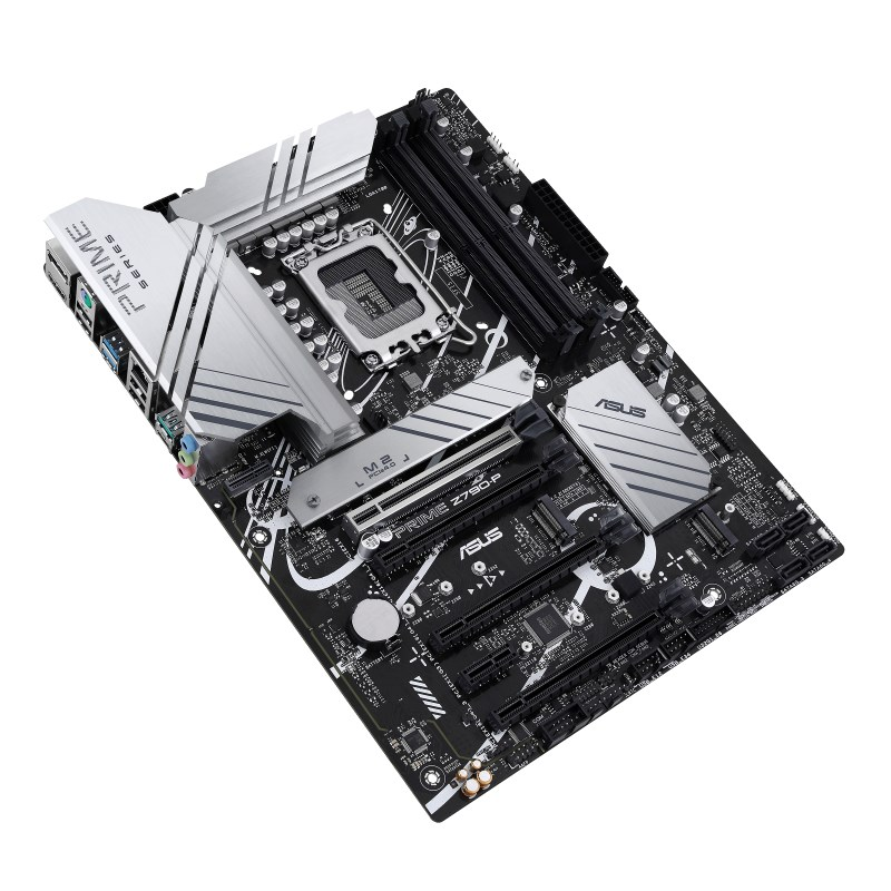 Ein ASUS Prime Z790-P Mainboard mit schwarzen PCB, weißen Heatsinks und CPU-Sockel.