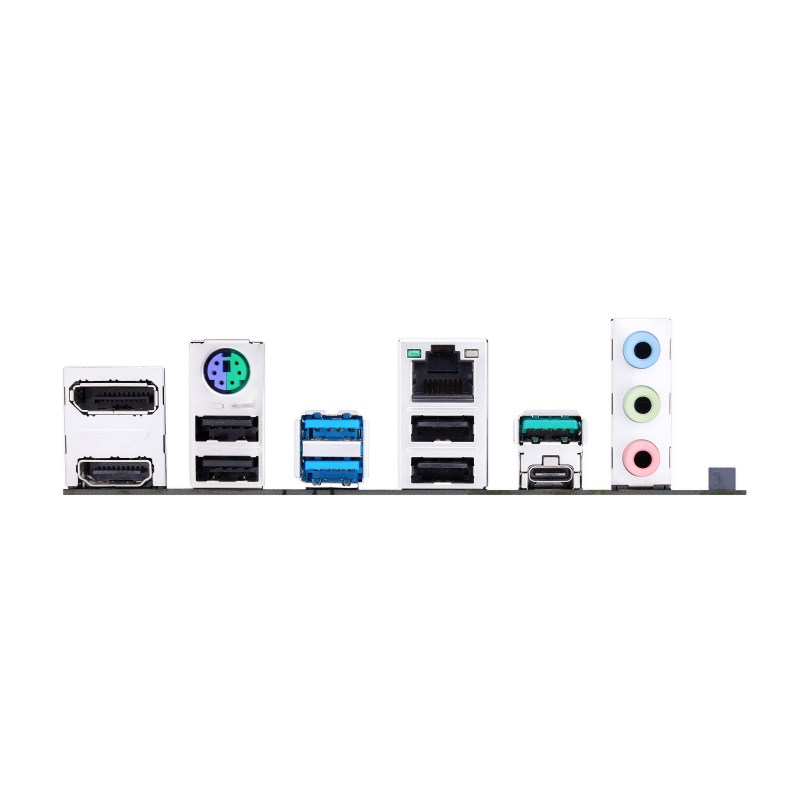 Rückseite eines Motherboards mit USB-, DisplayPort-, HDMI-, Ethernet- und Audioanschlüssen.