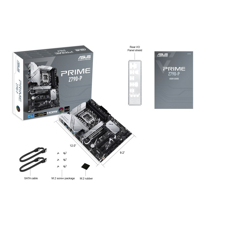 ASUS PRIME Z790-P Mainboard, Verpackung, I/O-Blende, Handbuch, SATA-Kabel und M.2-Zubehör auf weißem Hintergrund.