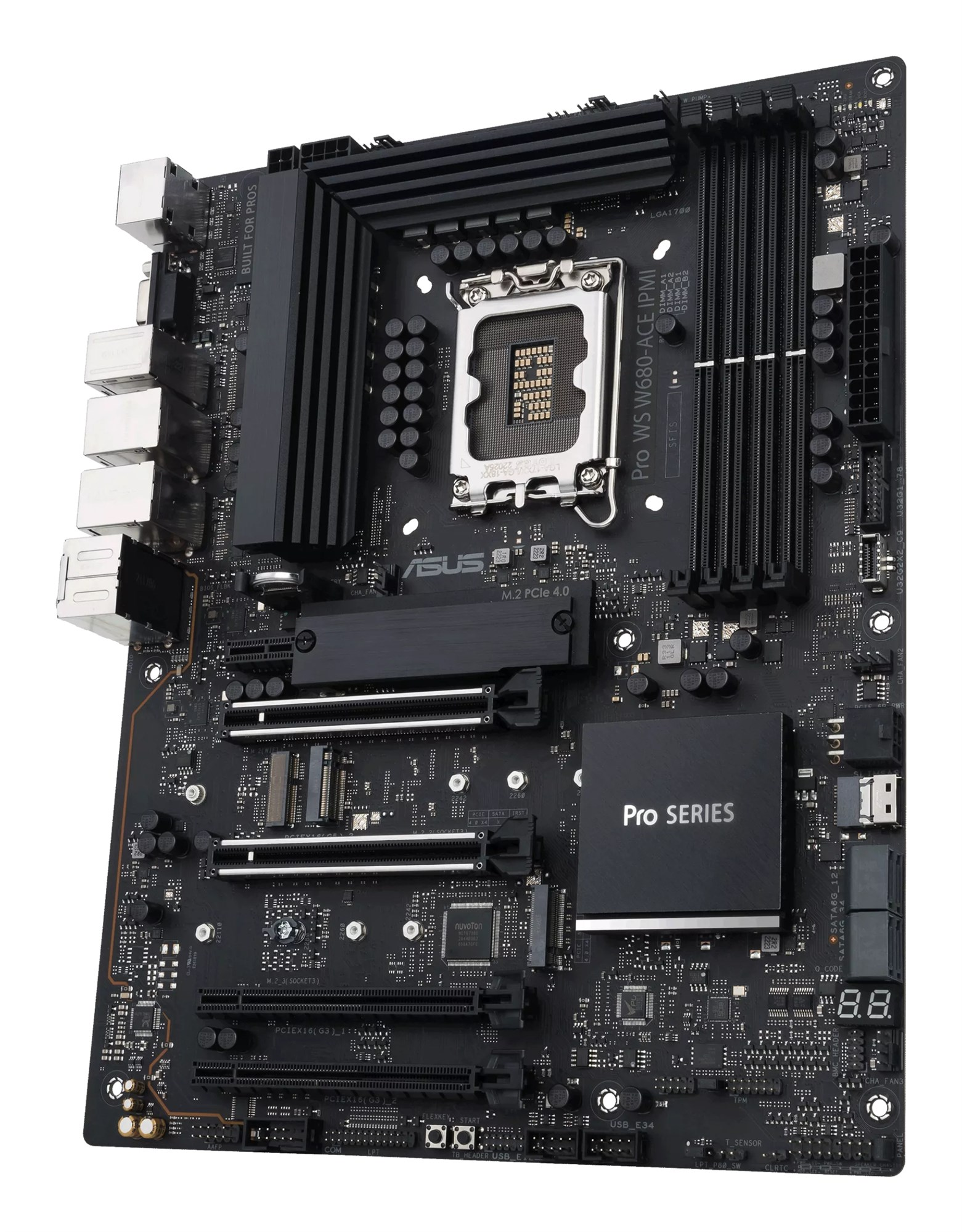 Una scheda madre nera ASUS Pro WS W680-ACE IPMI con socket CPU, slot RAM e slot PCIe.