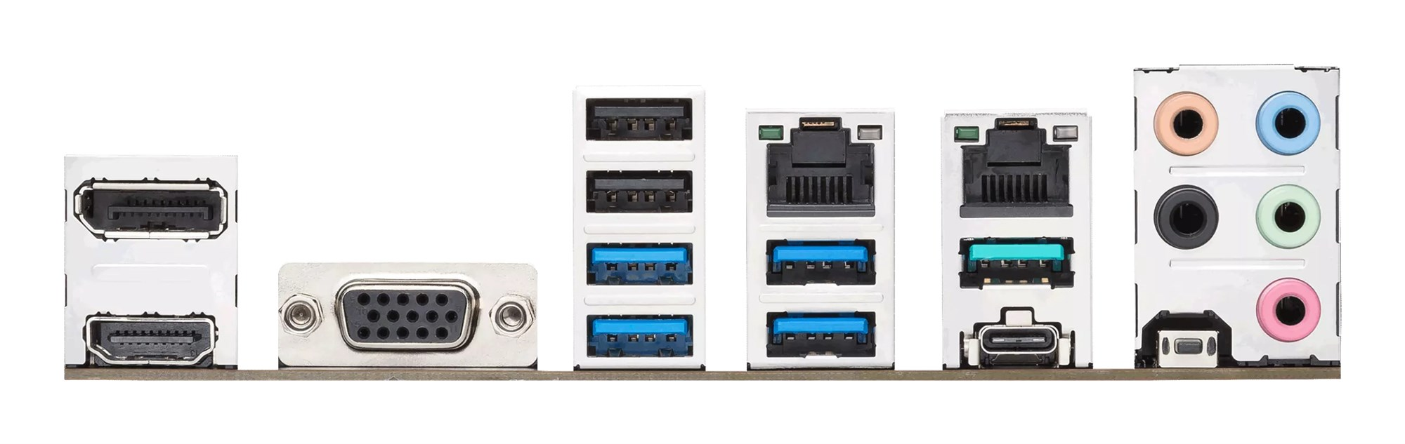Pannello I/O della scheda madre con DisplayPort, HDMI, VGA, USB, Ethernet, USB-C e porte audio su sfondo bianco.