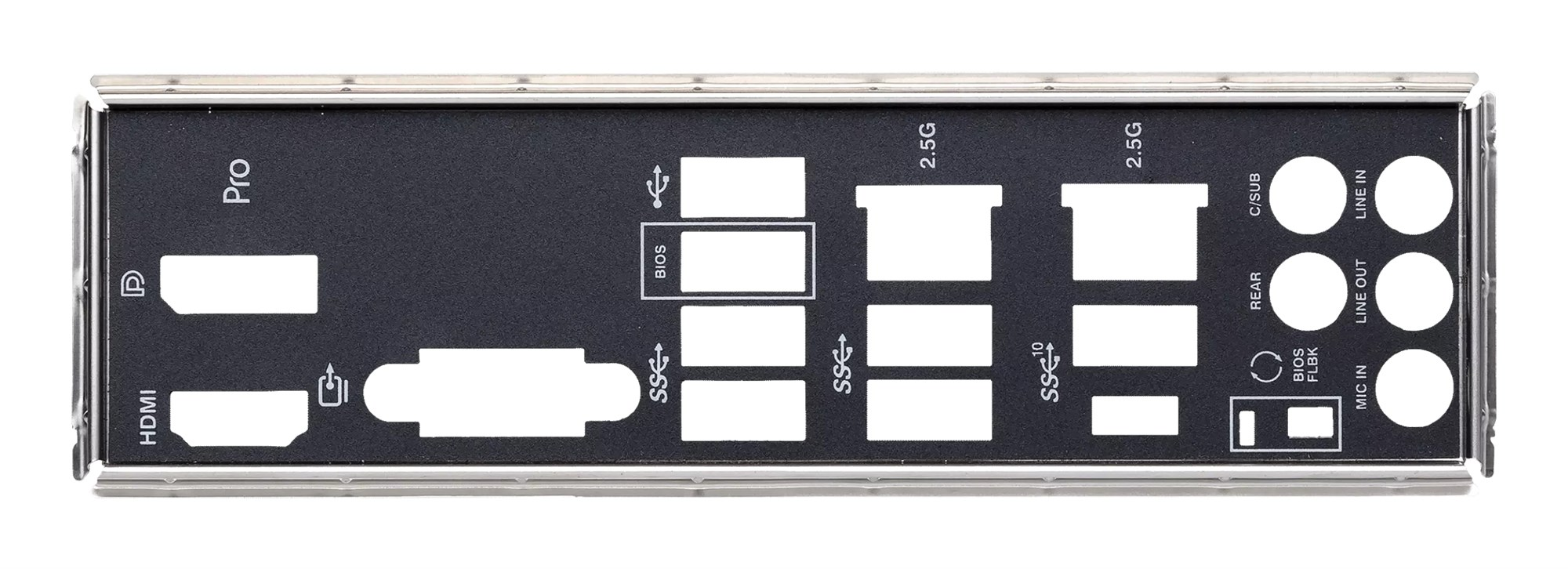 Una mascherina I/O per scheda madre nera con aperture per porte HDMI e USB.