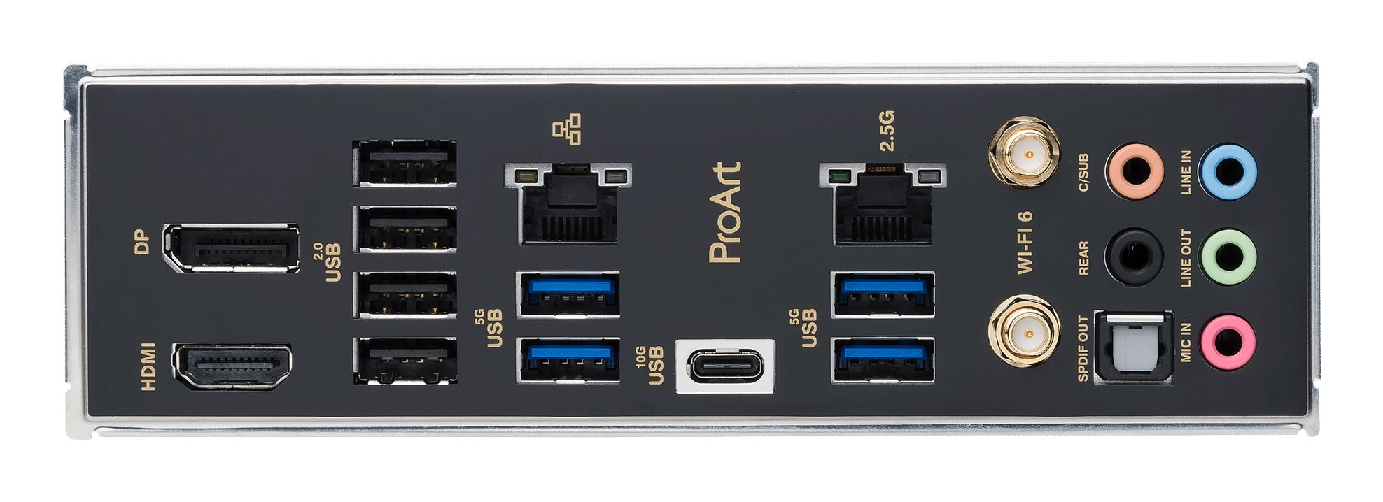 Pannello I/O posteriore di una scheda madre con porte USB, HDMI, DisplayPort, Ethernet, Wi-Fi e audio su sfondo nero.