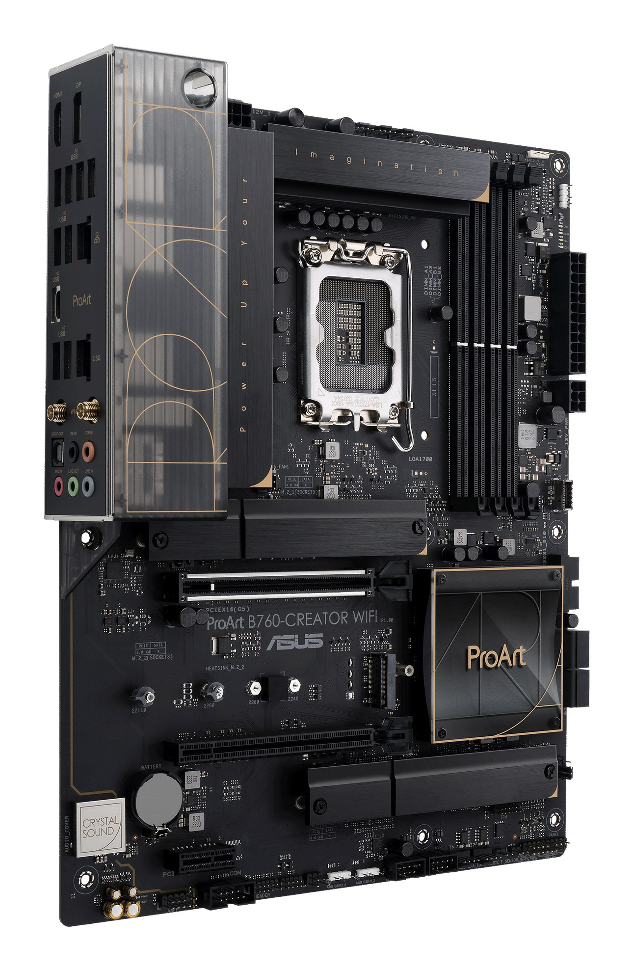 Scheda madre nera Asus ProArt B760-Creator WiFi con dettagli dorati e socket CPU.