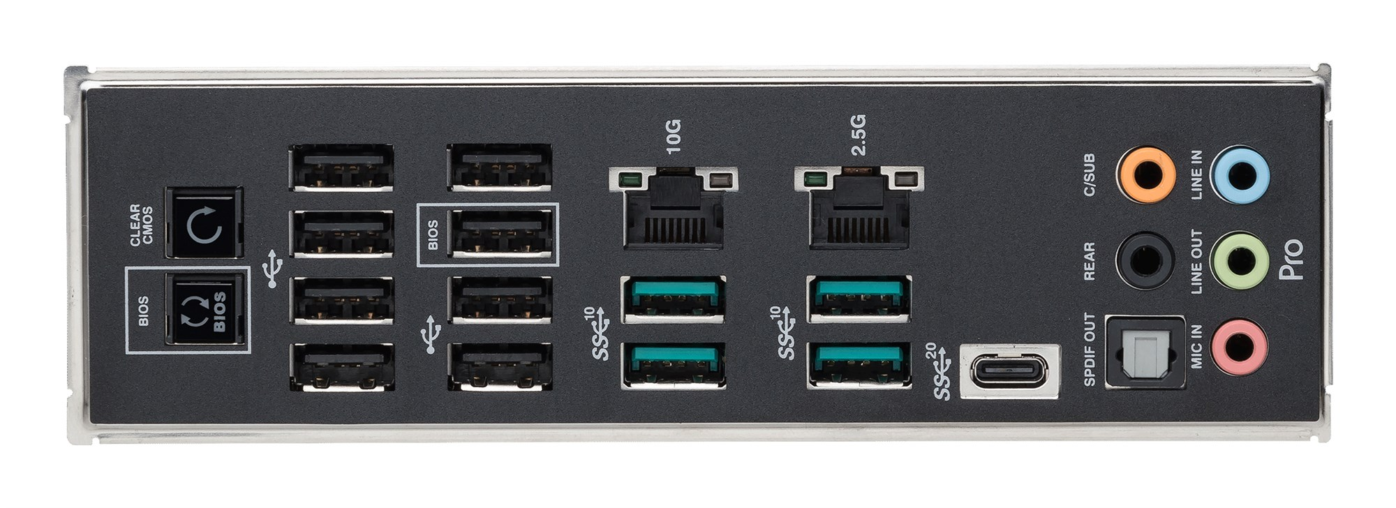 Rückblende eines Motherboards mit USB-, Ethernet- und Audio-Anschlüssen sowie BIOS-Tasten.