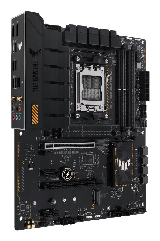 Black Asus TUF Gaming A620-PRO motherboard with CPU socket, RAM slots, heatsinks, and various connection ports.