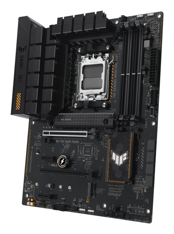 Black Asus TUF Gaming A620-PRO WIFI motherboard featuring CPU socket, RAM slots, and heatsinks.