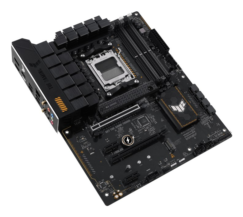 Black TUF Gaming motherboard featuring CPU socket, RAM slots, and heatsinks.