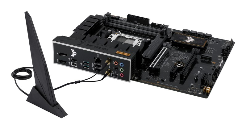 A black computer motherboard with connected Wi-Fi antennas on a white background.