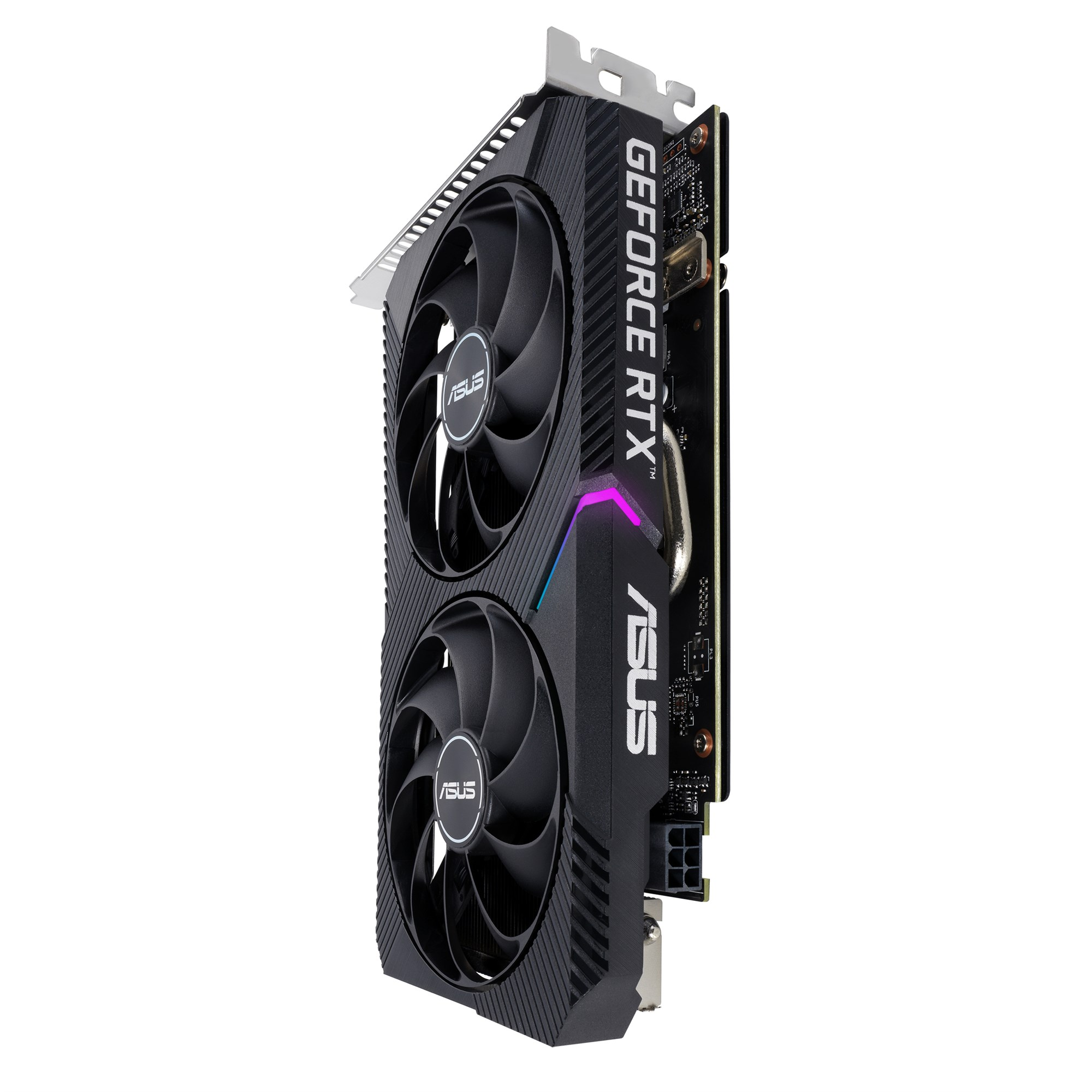 Eine ASUS GeForce RTX Grafikkarte mit zwei schwarzen Lüftern, weißer Aufschrift und einer kleinen violetten LED.
