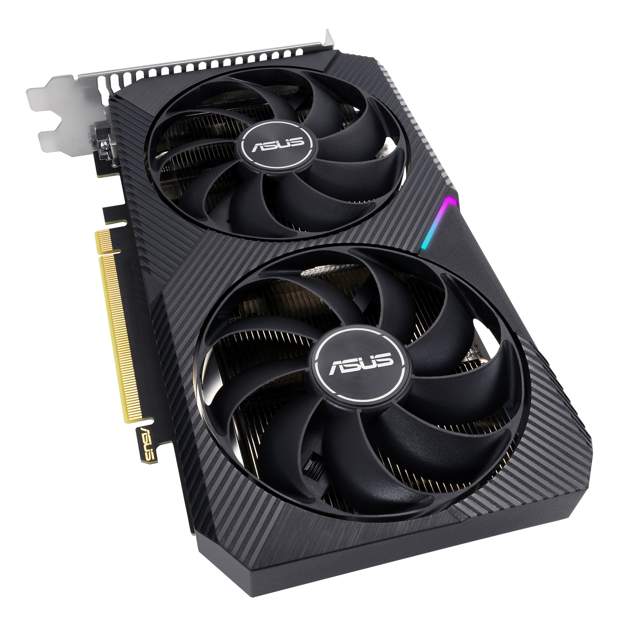 Eine schwarze ASUS-Grafikkarte mit zwei Lüftern und PCIe-Anschluss auf weißem Hintergrund.