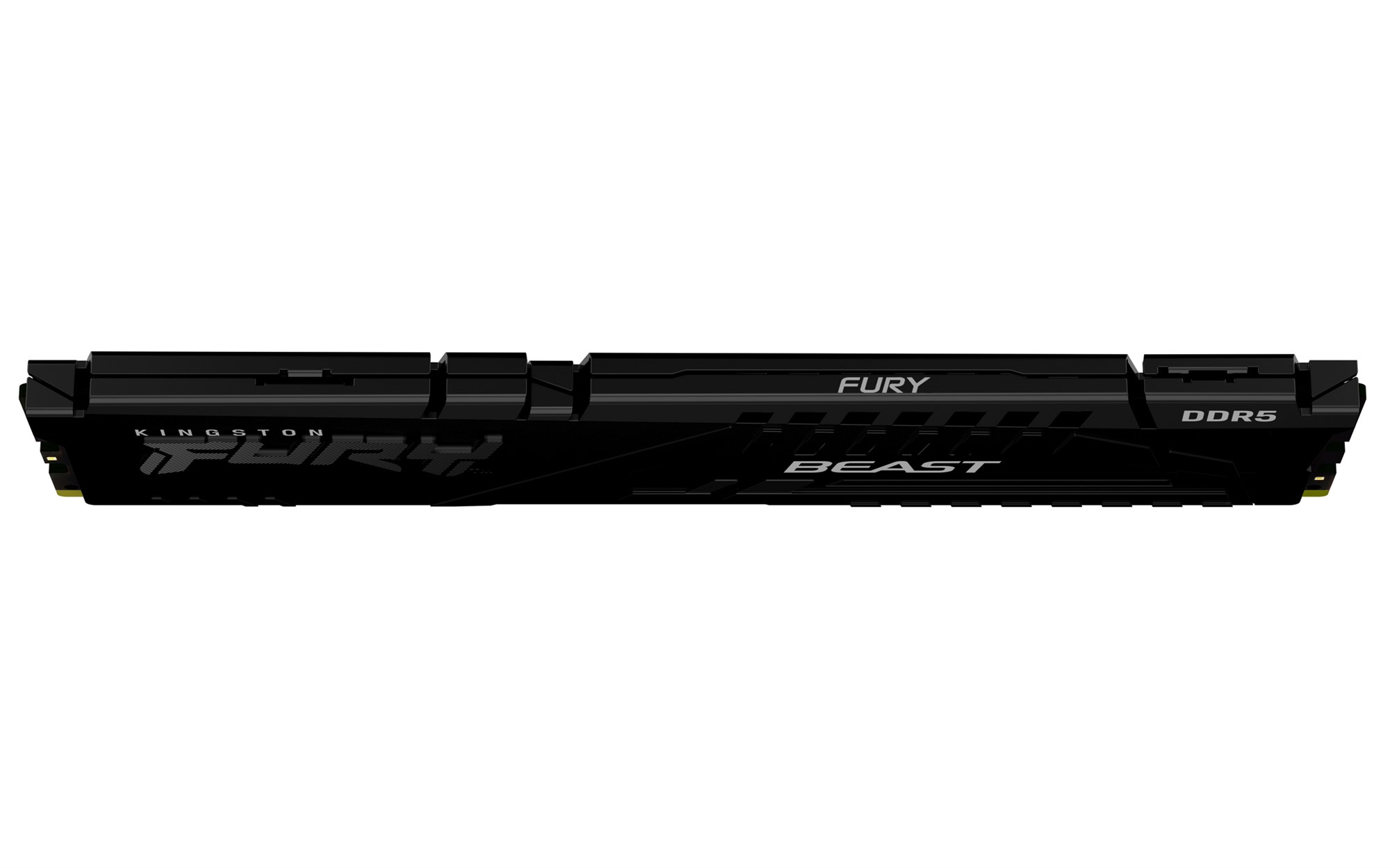 Czarna kość pamięci RAM Kingston Fury Beast DDR5 na białym tle, z białym napisem i geometrycznym radiatorem.