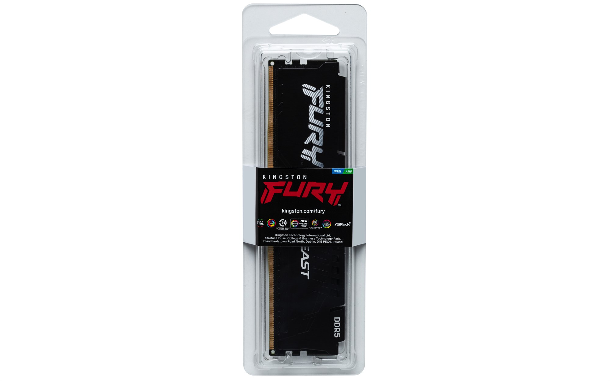 Nierozpakowana kość pamięci RAM Kingston FURY DDR5 w przezroczystym plastikowym opakowaniu.