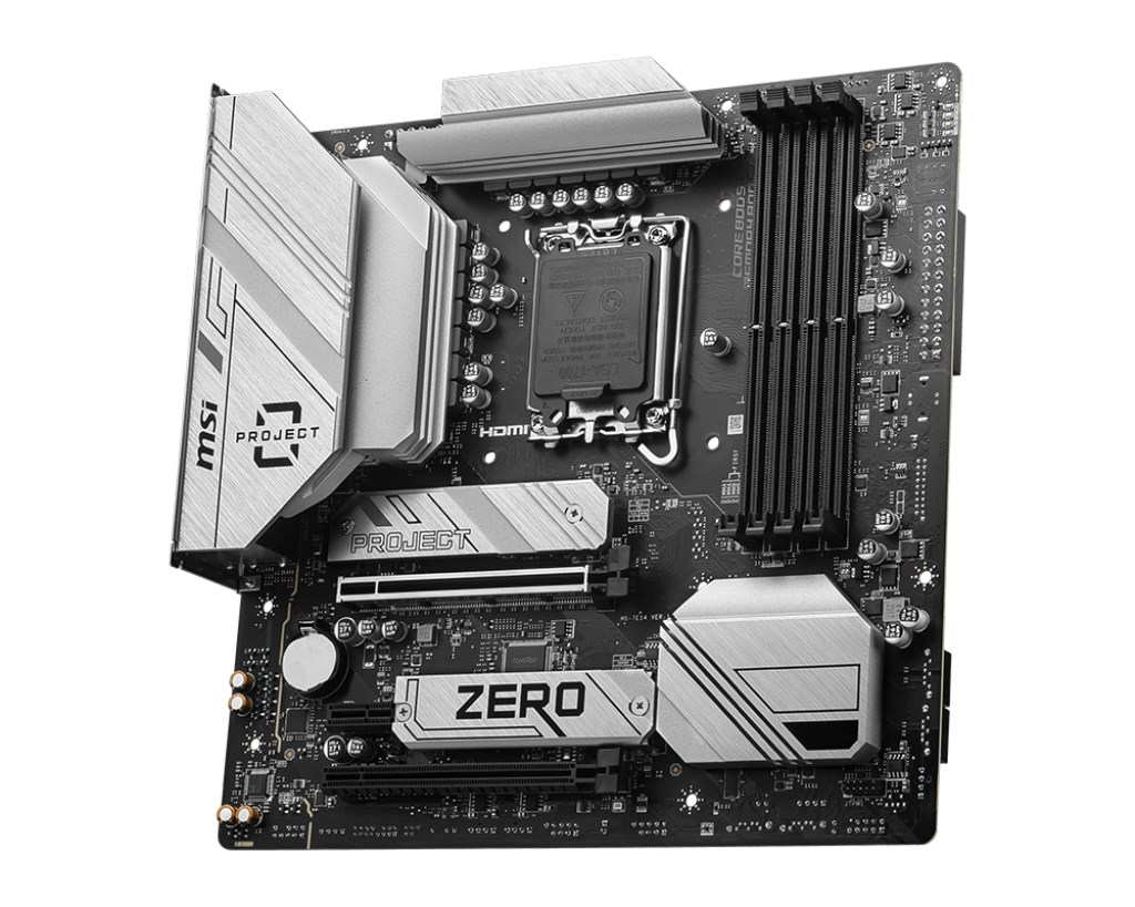 Ein schwarzes MSI Project Zero Mainboard mit silbernen Kühlkörpern, CPU-Sockel und RAM-Steckplätzen.