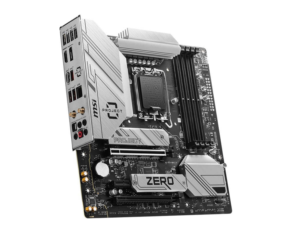Eine schwarze MSI Project Zero Computer-Hauptplatine mit silbernen Kühlkörpern auf weißem Hintergrund.
