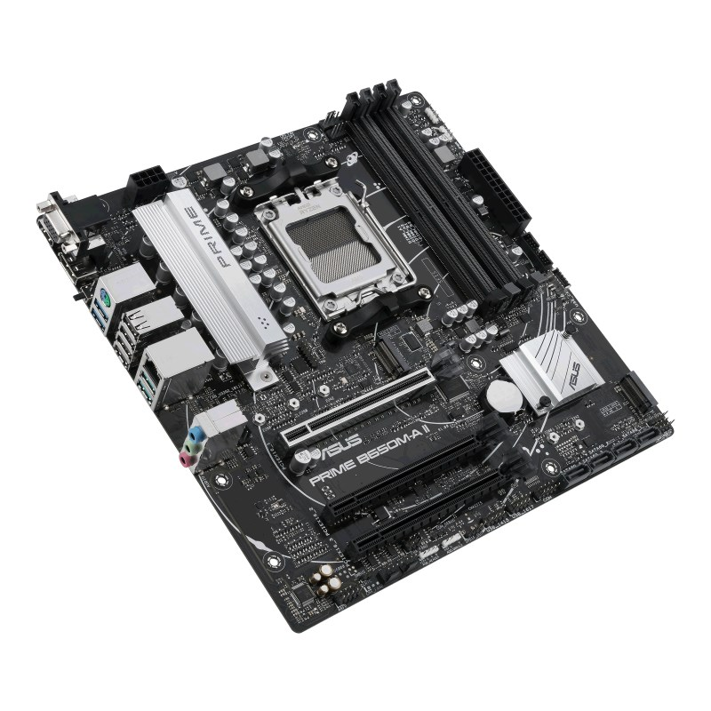 Schwarzes Asus Prime B650M-A II Mainboard mit silbernen Kühlkörpern, CPU-Sockel und RAM-Steckplätzen.