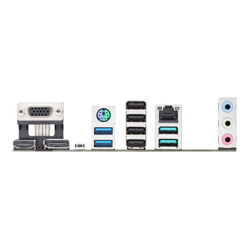 Rückseite eines Motherboards mit VGA, USB, LAN und Audio-Anschlüssen.