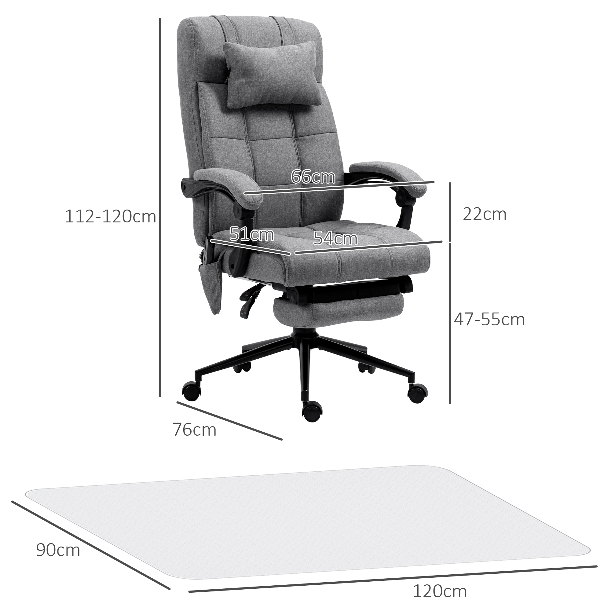 Silla de oficina ergonómica gris con reposapiés y dimensiones sobre fondo blanco.
