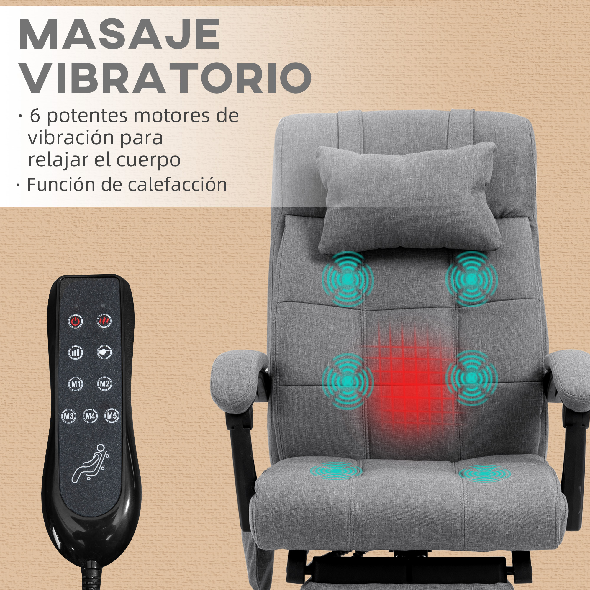 Sillón de masaje gris con calor y control remoto, texto en español.