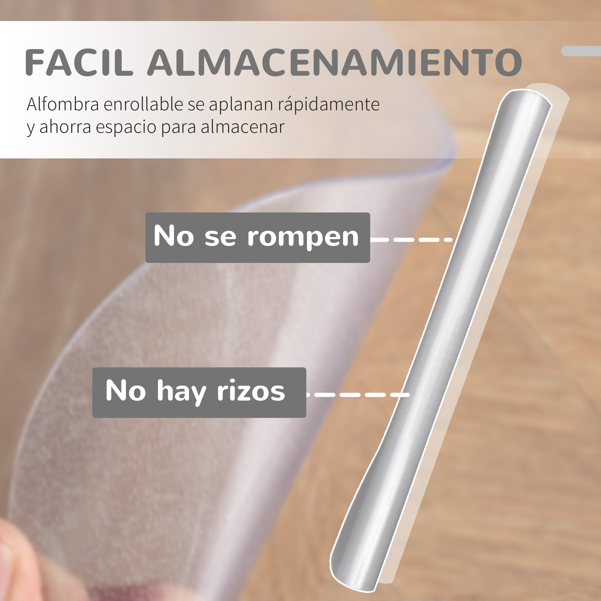 Alfombra transparente enrollable con texto en español que destaca la durabilidad y almacenamiento plano en suelo de madera.