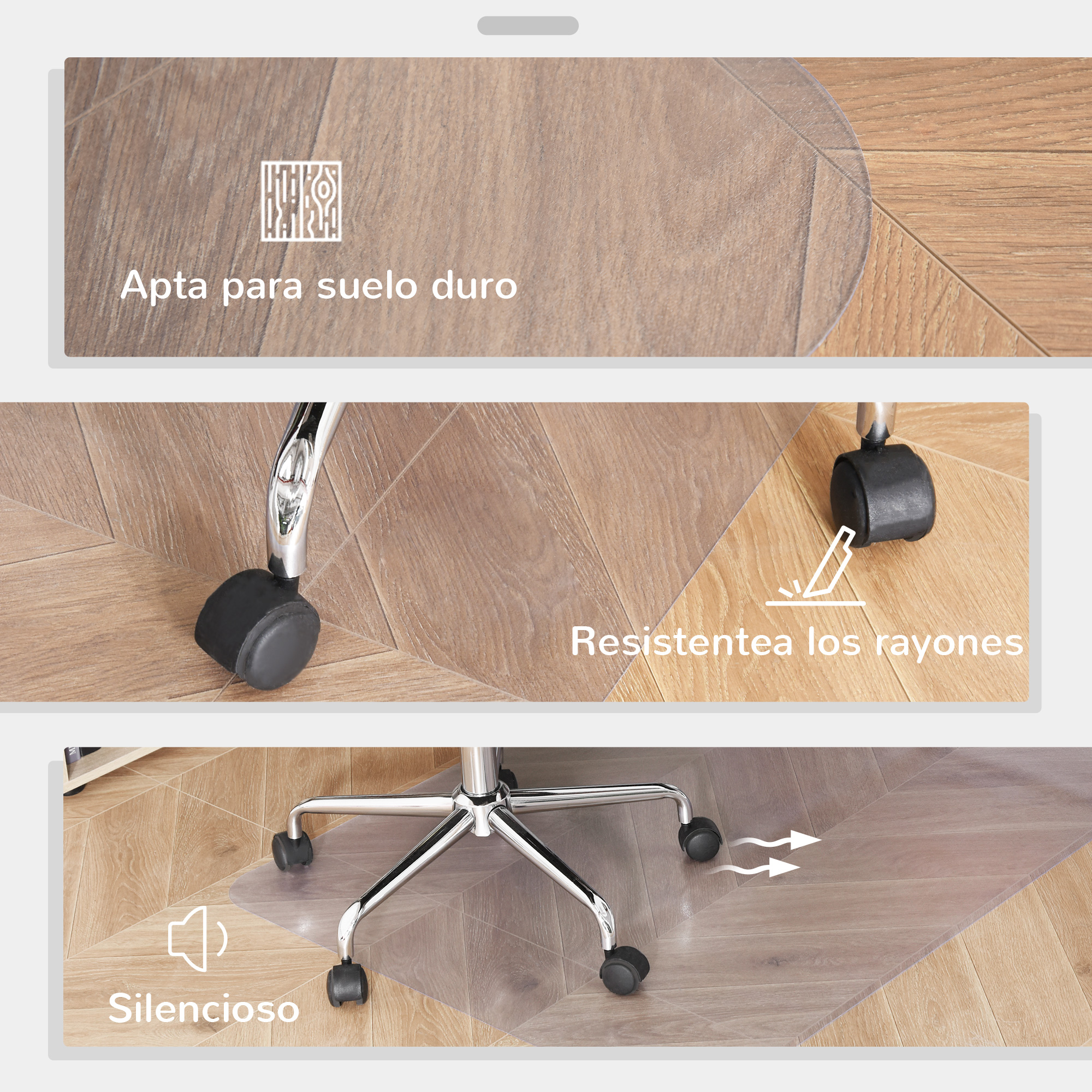 Alfombrilla transparente para silla en suelo de madera protege de arañazos y reduce ruido.