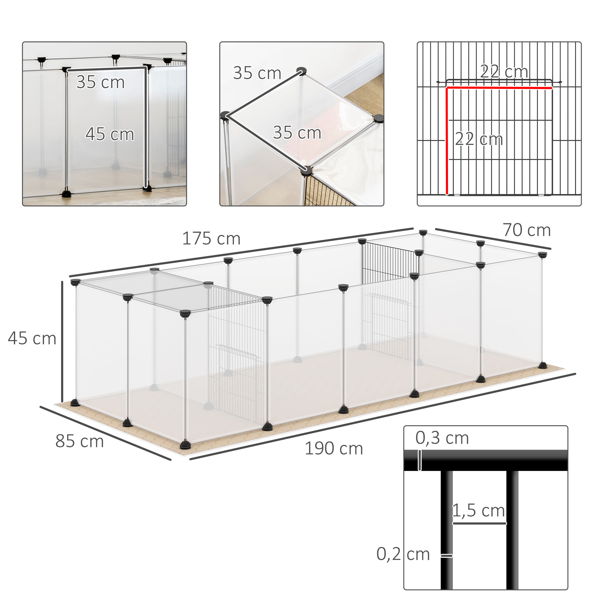 Parque modular para mascotas con dimensiones en centímetros y detalles de espacio.